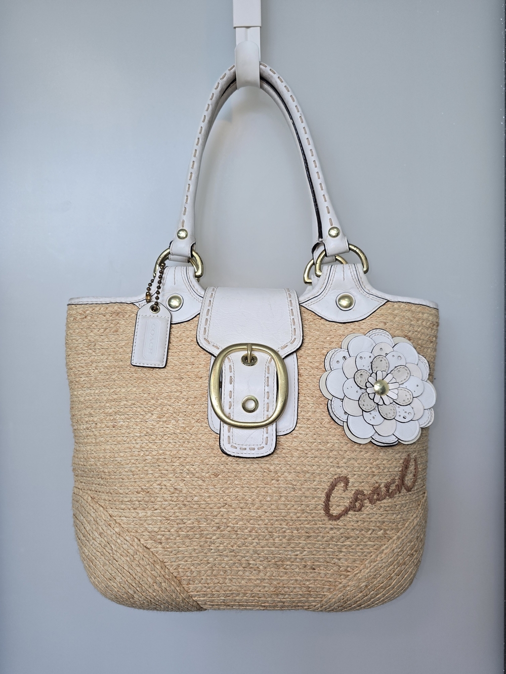 COACH 11798 Bleecker Straw Tote White Leather Flower & Trim Tattersall Lining **